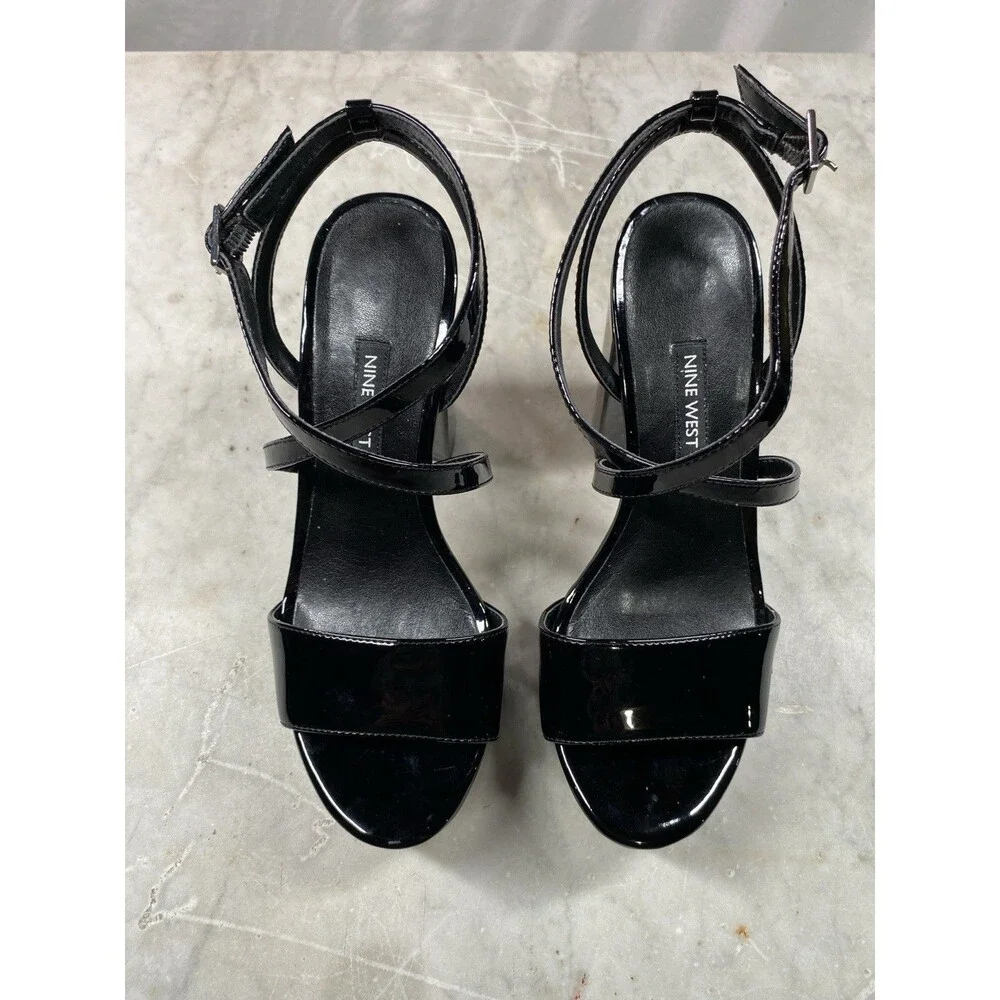 Nine West Platform Sandals Women’s 7 Black Patent Strappy Ankle - Picture 2 of 10
